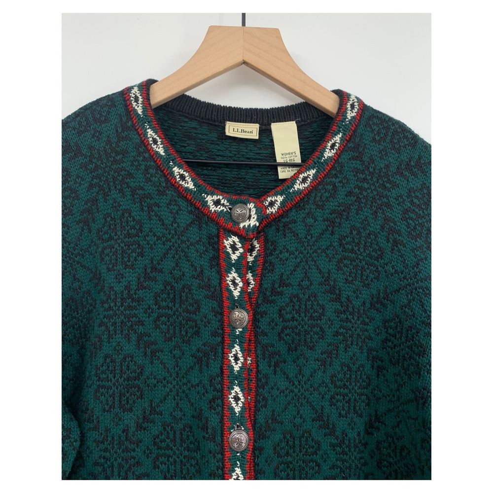 Vintage LL Bean Sweater Womens Large Green Nordic Button Cotton Winter Thick